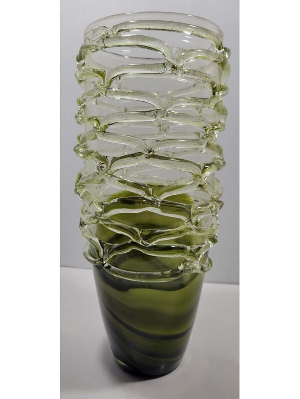 Roscher & Co 14.25" Applied Ribbon Heavy Glass Vase Green Swirl Tapered Cylinder